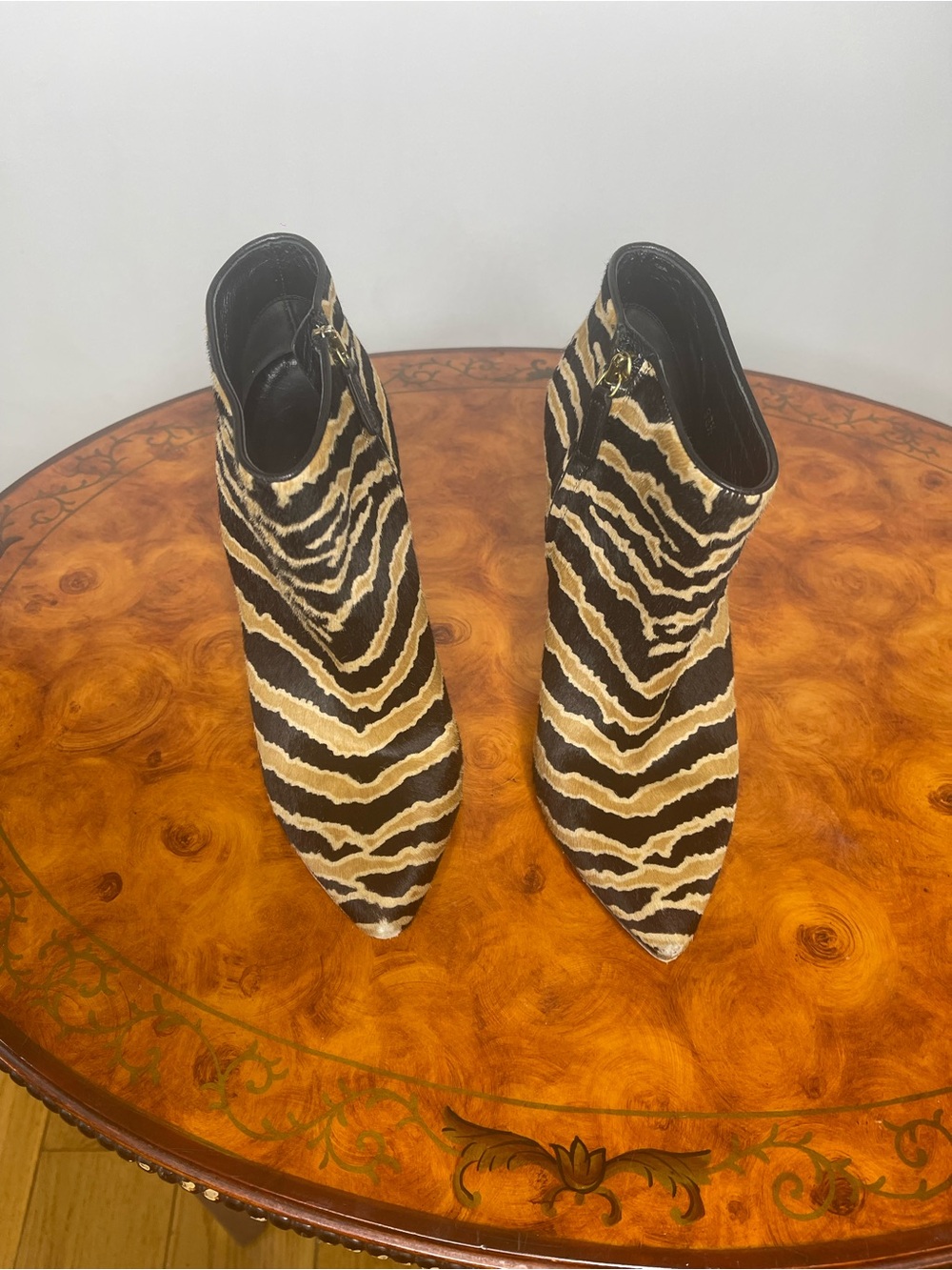 Gucci Zebra-Print Pointed Ankle Booties in Black & Tan